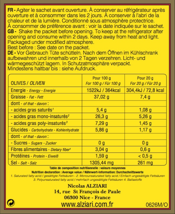 olives cailletier : huile, orange , herbes 60 g en sachet