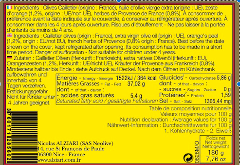 Bocal olives Cailletier: huile, orange, herbes 180 g