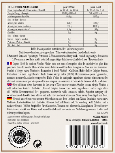 Huile d'olive AOP Nice flacon Barrique 375 ml