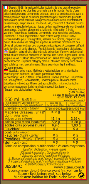 Bidon 250 ml huile d'olive cuvée Pauline Bio* 