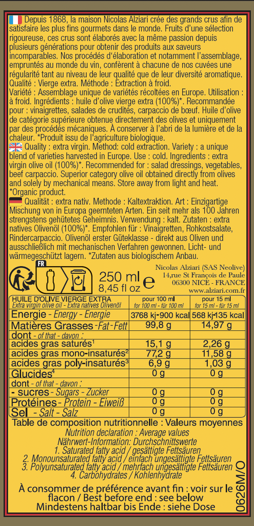 Bidon 250 ml huile d'olive cuvée Pauline Bio* 