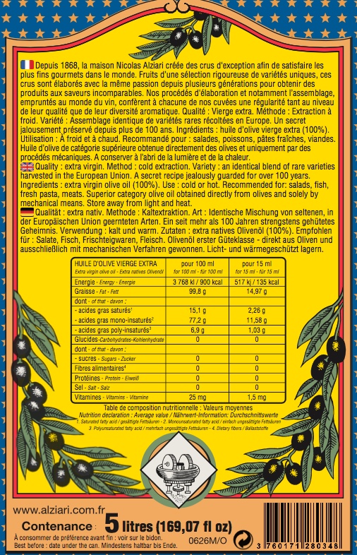 Bidon 5 L  Huile d'olive cuvée PRESTIGE