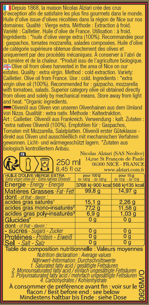 Bidon 250 ml huile d'olive cuvée Cesar AOP NICE Bio* - Alziari