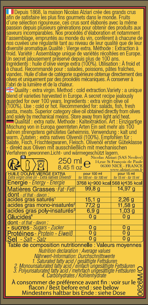 Bidon 250 ml huile d'olive cuvée Prestige - Alziari