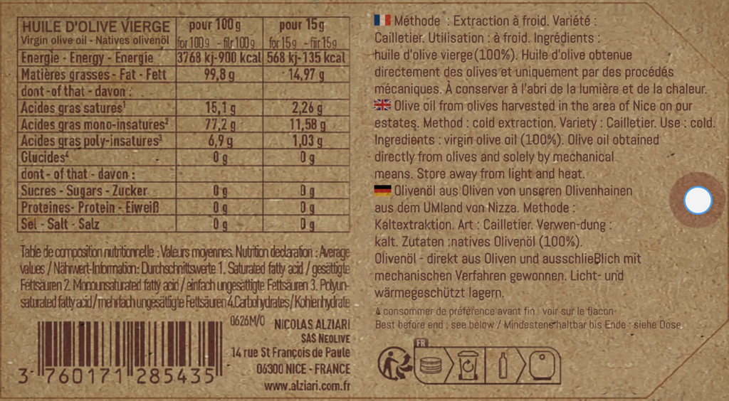 Huile d'olive PRIMEUR non filtrée bouteille 375 ml - Alziari