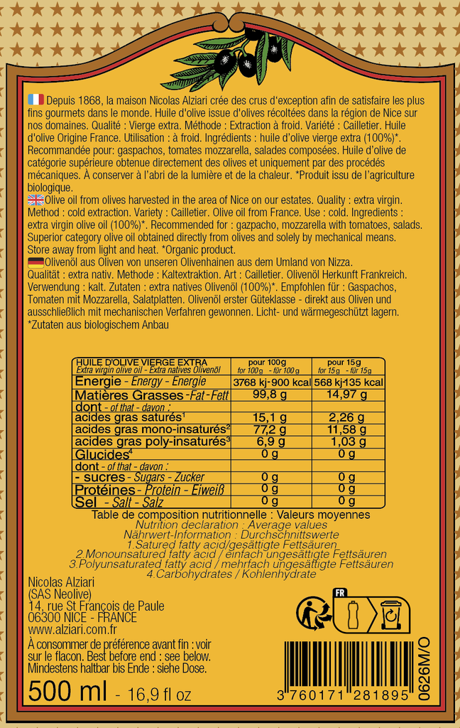 Bidon 500 ML huile d'olive cuvée César AOP NICE BIO* - Alziari