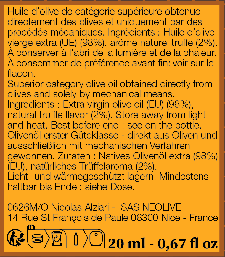 Mignonnette 20 ml en VERRE huile Diamant noir - Alziari