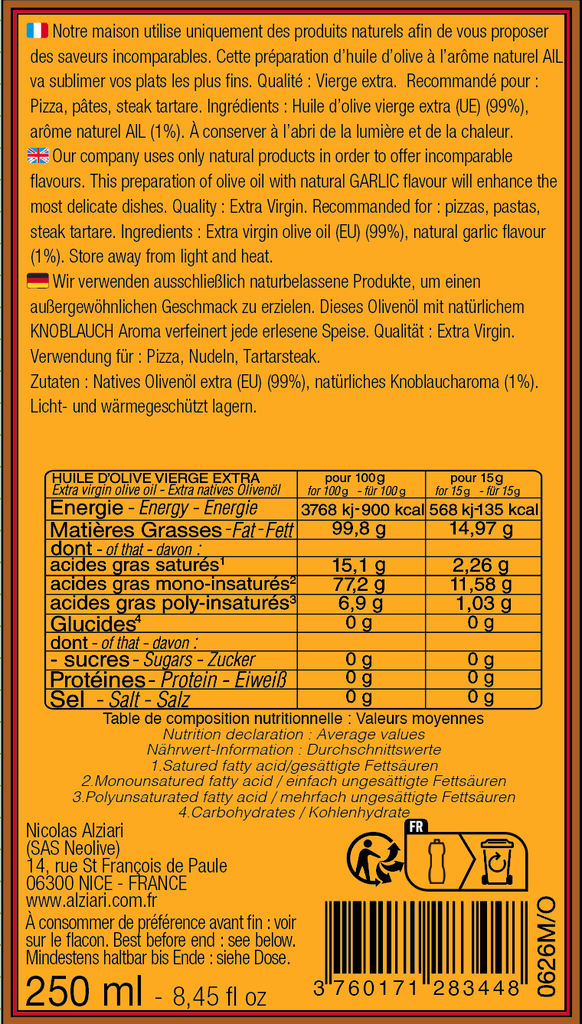 Huile d'olive aromatisee AIL 250 ML - Alziari