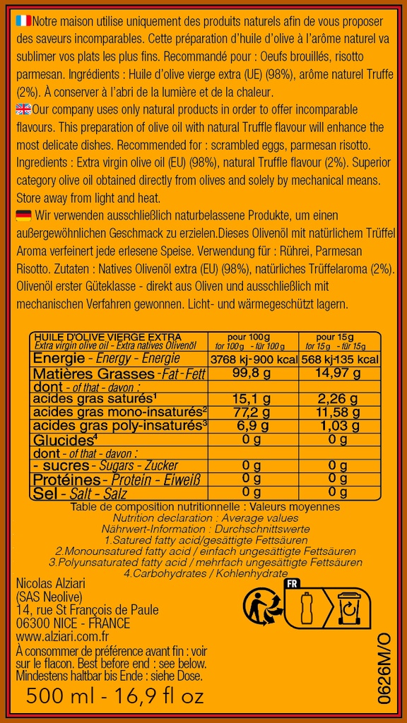 Huile Diamant noir 500 ml - Alziari