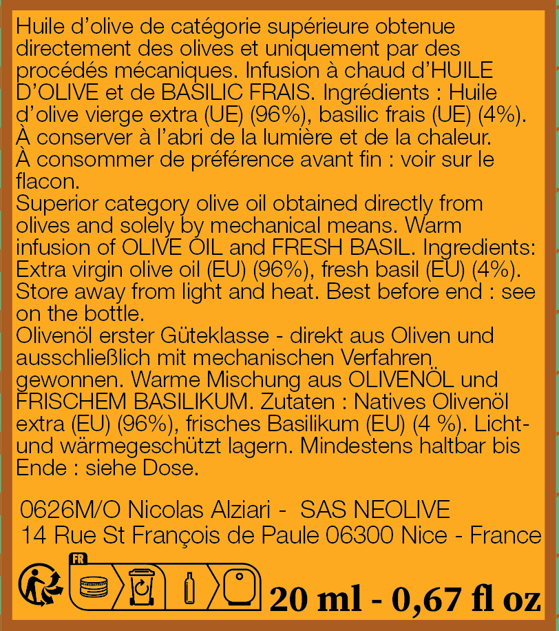 Mignonnette 20 ml en VERRE huile Basilic - Alziari