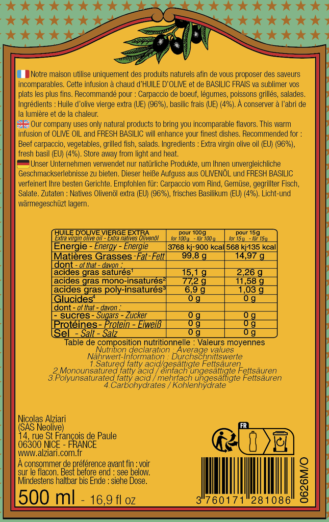 Huile BASILIC 500 ml - Alziari