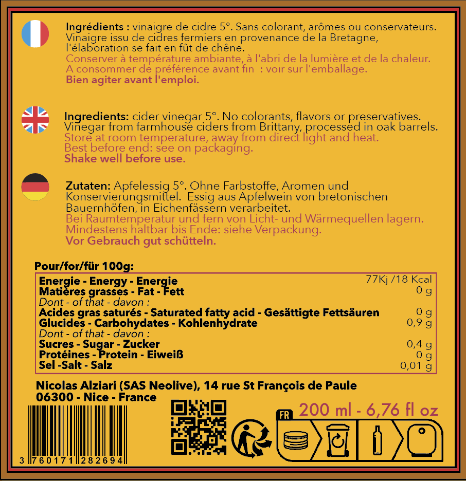 Vinaigre de Cidre 200 ml - Alziari
