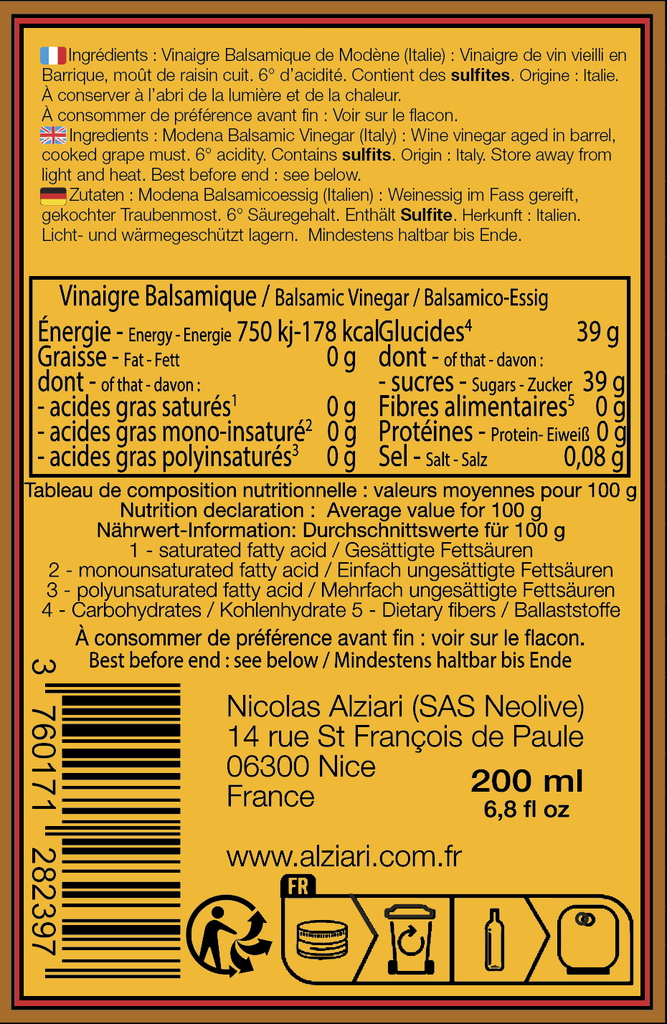 Vinaigre Balsamique cuvée PREMIUM 200 ml - Alziari
