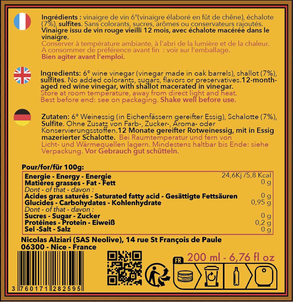 Vinaigre de vin à l'échalote 200 ml - Alziari