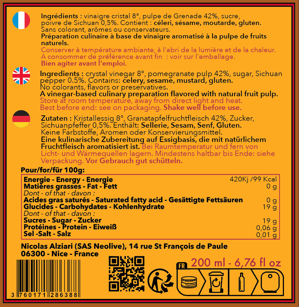 Vinaigre à la pulpe de Grenade et poivre du Sichuan 200 ml - Alziari