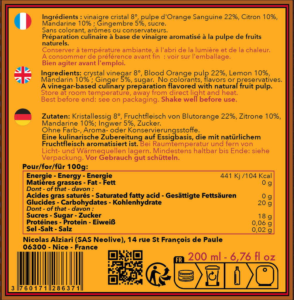 Vinaigre à la pulpe d'Agrumes & Gingembre 200 ml - Alziari