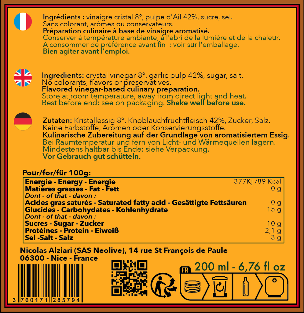 Vinaigre à la pulpe d'Ail 200 ml - Alziari
