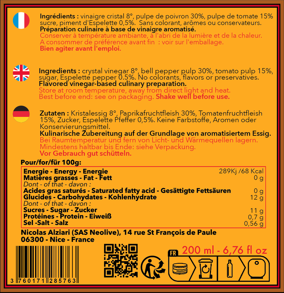 Vinaigre à la pulpe de Poivron et Piment d'Espelette 200 ml - Alziari