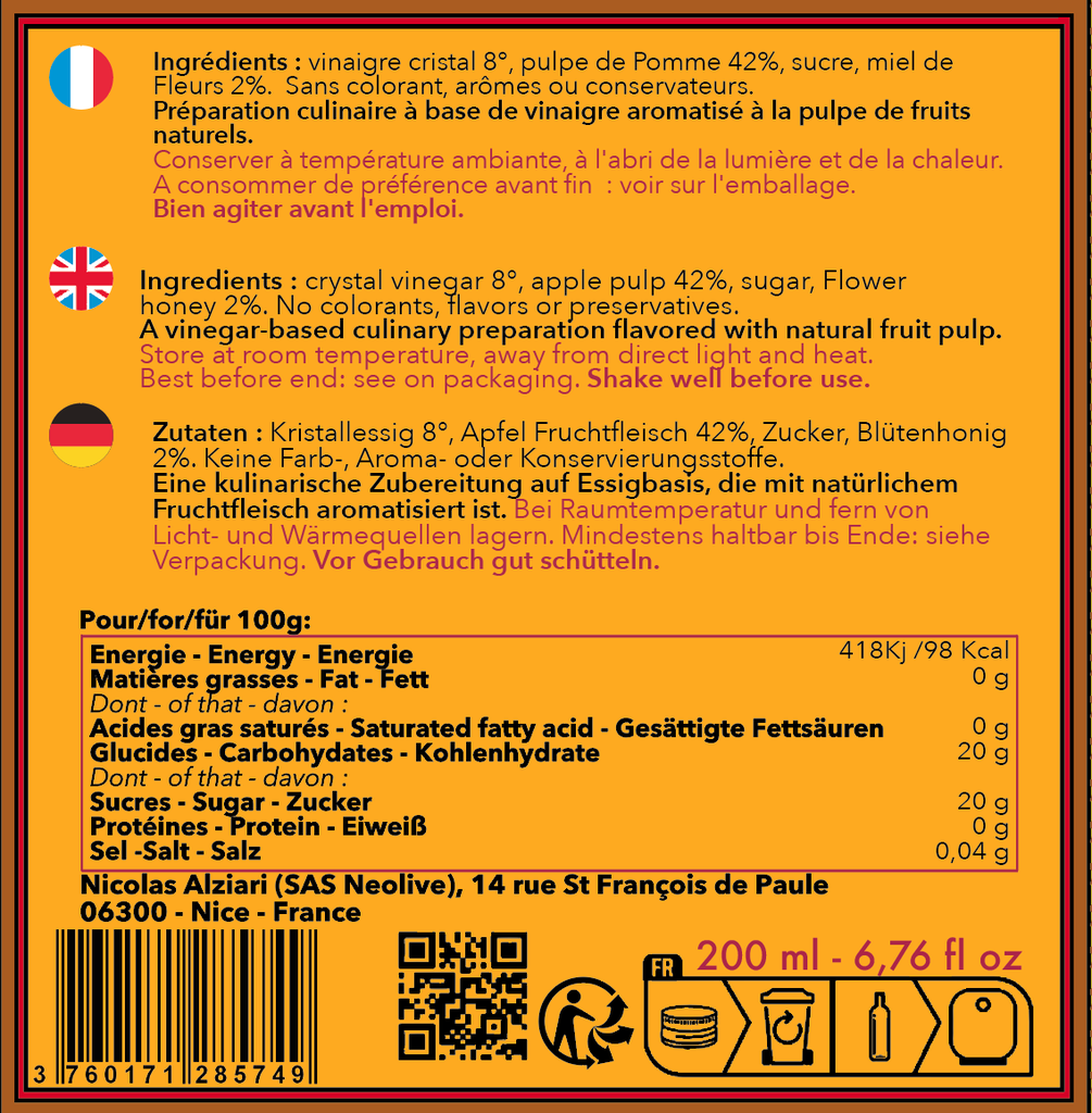 Vinaigre à la pulpe de Pomme et miel 200 ml - Alziari