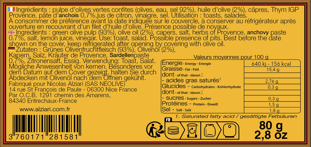 Tapenade d'Olives Vertes 80 gr - Alziari