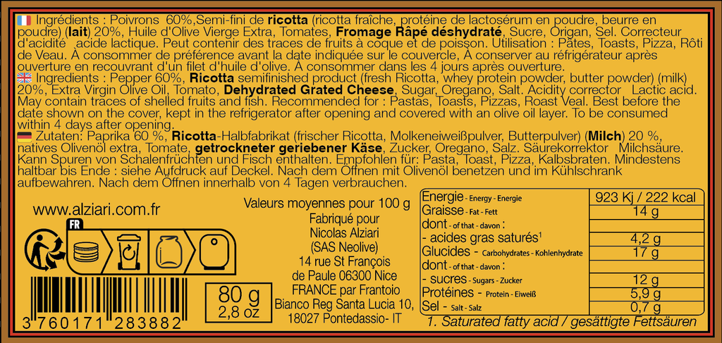 Delice poivrons et ricotta 80 g - Alziari