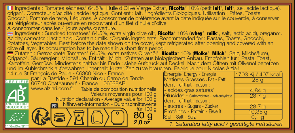 Delice Tomates séchées et Ricotta BIO 80 g * - Alziari