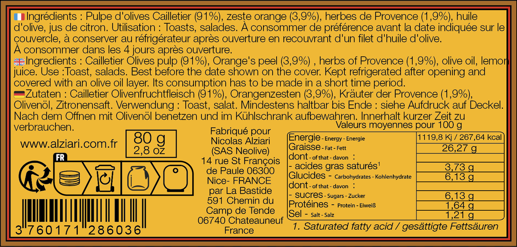 Bocal olives CAILLETIER herbes de Provence 180 g - Alziari