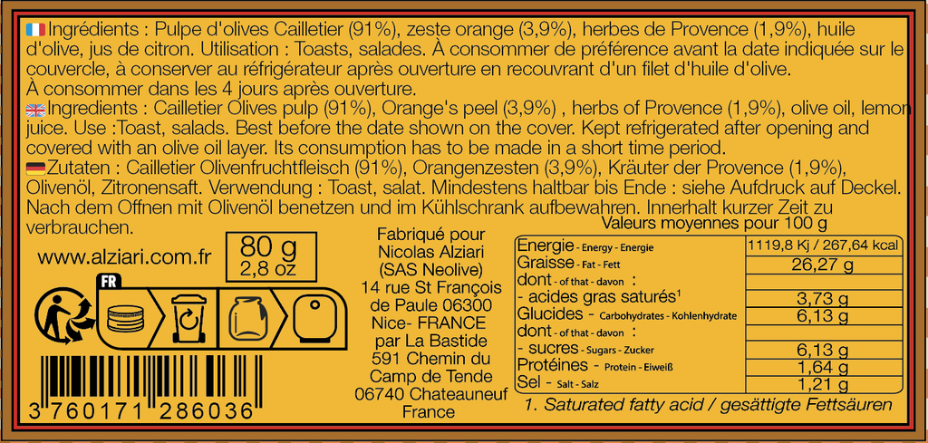 Olivade Oranges et aromates 80 g - Alziari