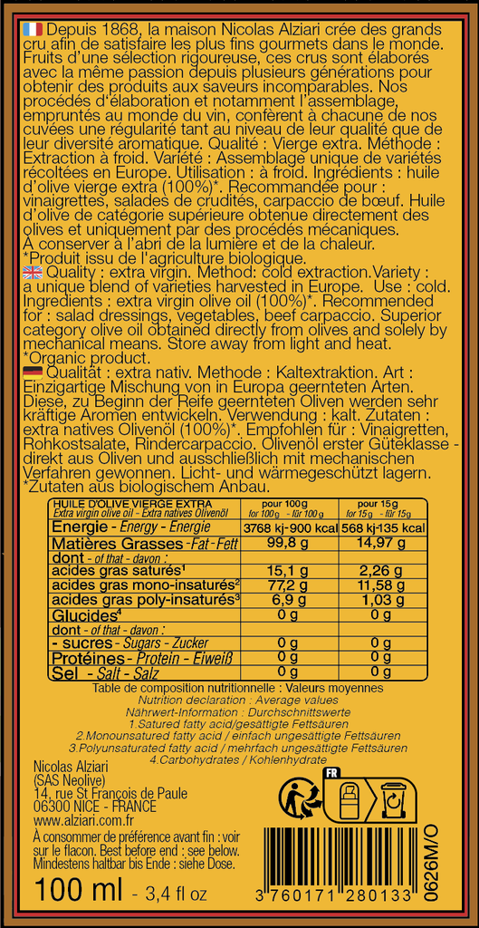 Huile d'olive cuvée Pauline 100 ml flacon POMPE Bio* - Alziari