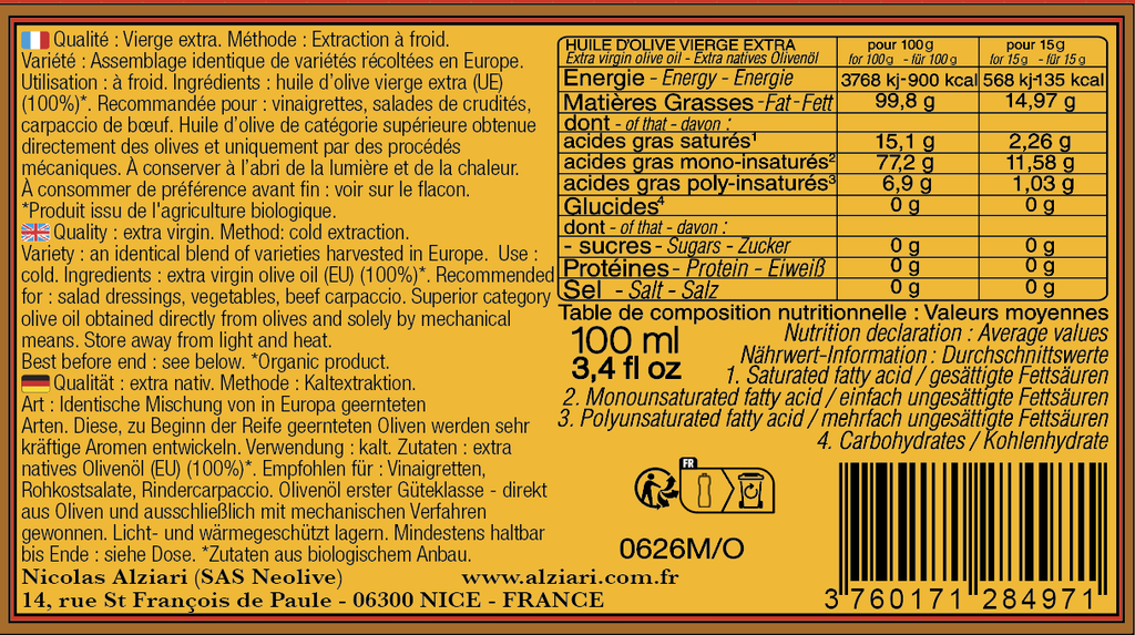 Bidon huile d'olive Pauline 100 ml Bio* - Alziari