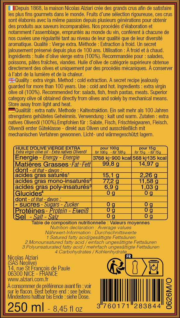 Bouteille Huile d'olive cuvée Prestige 200 ml - Alziari