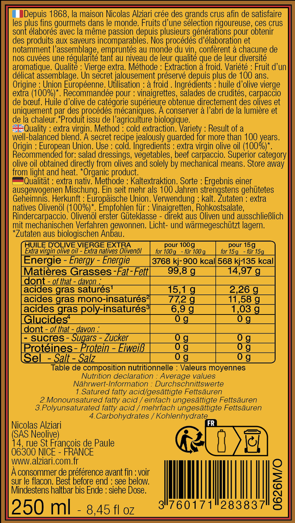 Bidon 250 ml huile d'olive cuvée Pauline Bio* - Alziari