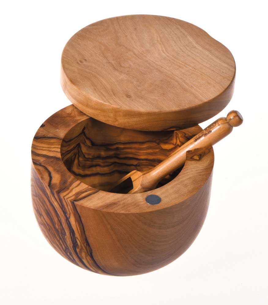 Boite à sel en bois d'olivier + pelle diam 10-11 cm