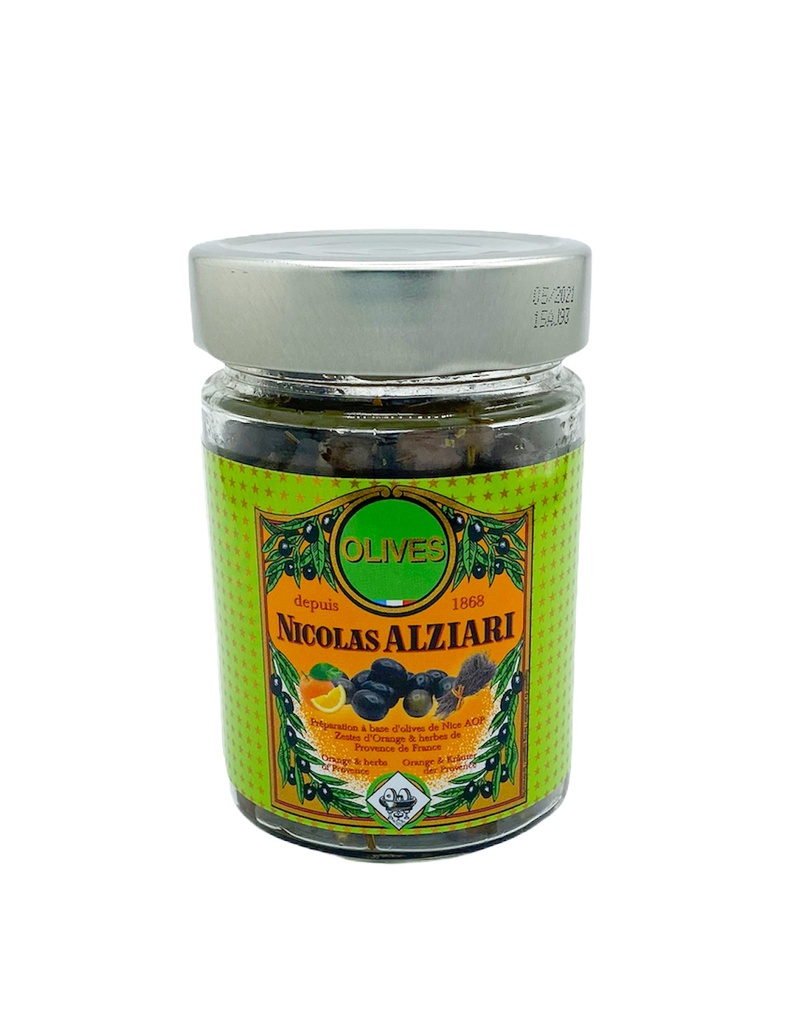 Bocal olives Cailletier: Zestes d’orange, herbes de Provence 180 g - Alziari