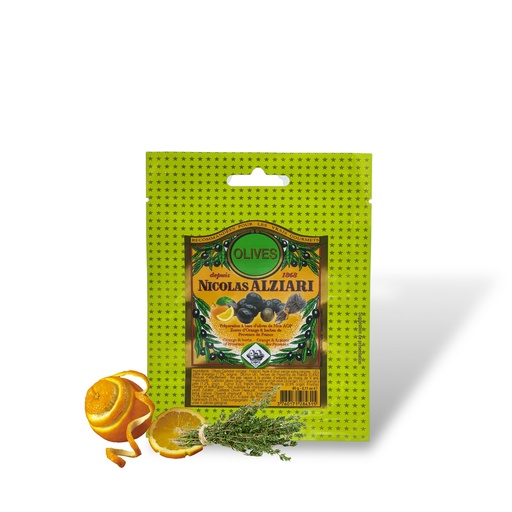 [4915] olives cailletier : Zestes d’orange , herbes de provence 60 g en sachet - Alziari