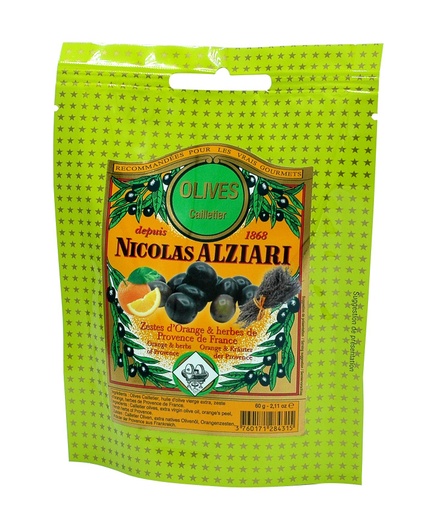 [4915] olives cailletier : Zestes d’orange , herbes de provence 60 g en sachet - Alziari