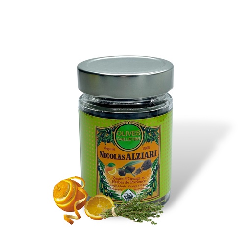 [1095] Bocal olives Cailletier: Zestes d’orange, herbes de Provence 180 g - Alziari
