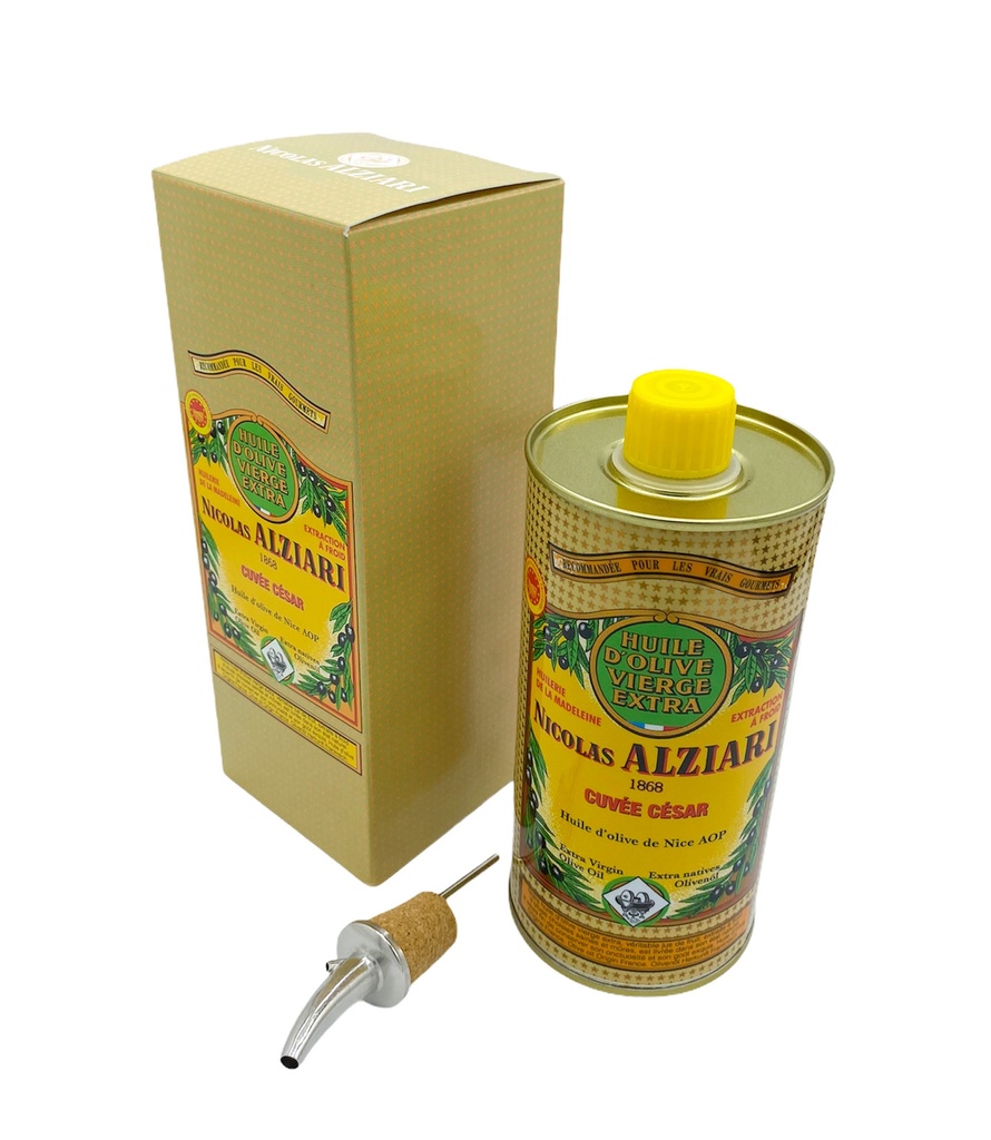 Box: 500ml tin Extra Virgin Olive Oil CUVÉE CESAR + cork pourer* - Alziari