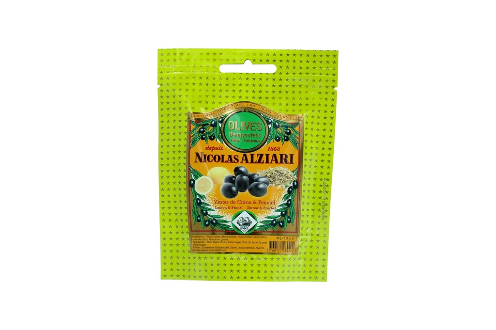 Olives dénoyautées citron Fenouil 60 g en sachet