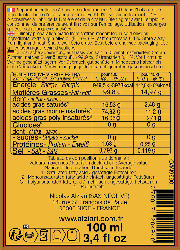 Huile d'olive macération SAFRAN 100 ml - Alziari