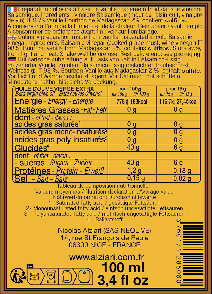 Huile d'olive macération VANILLE 100 ml - Alziari