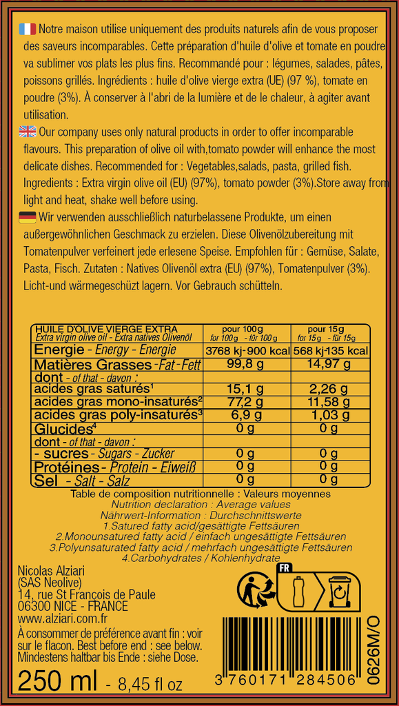 Huile d'olive à  la tomate 250 ml (bidon) - Alziari