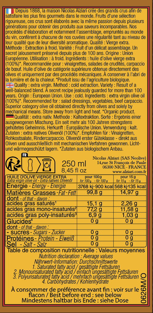 Bidon 250 ml huile d'olive cuvée PAULINE BIO- collection BELLE EPOQUE* - Alziari