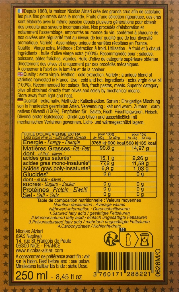 Bidon 250 ml huile d'olive cuvée JEANNE - Alziari 