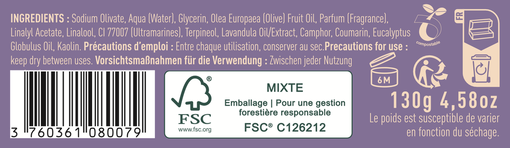 Savon solide à l’huile d’olive parfum LAVANDE 130 gr-  Millea 