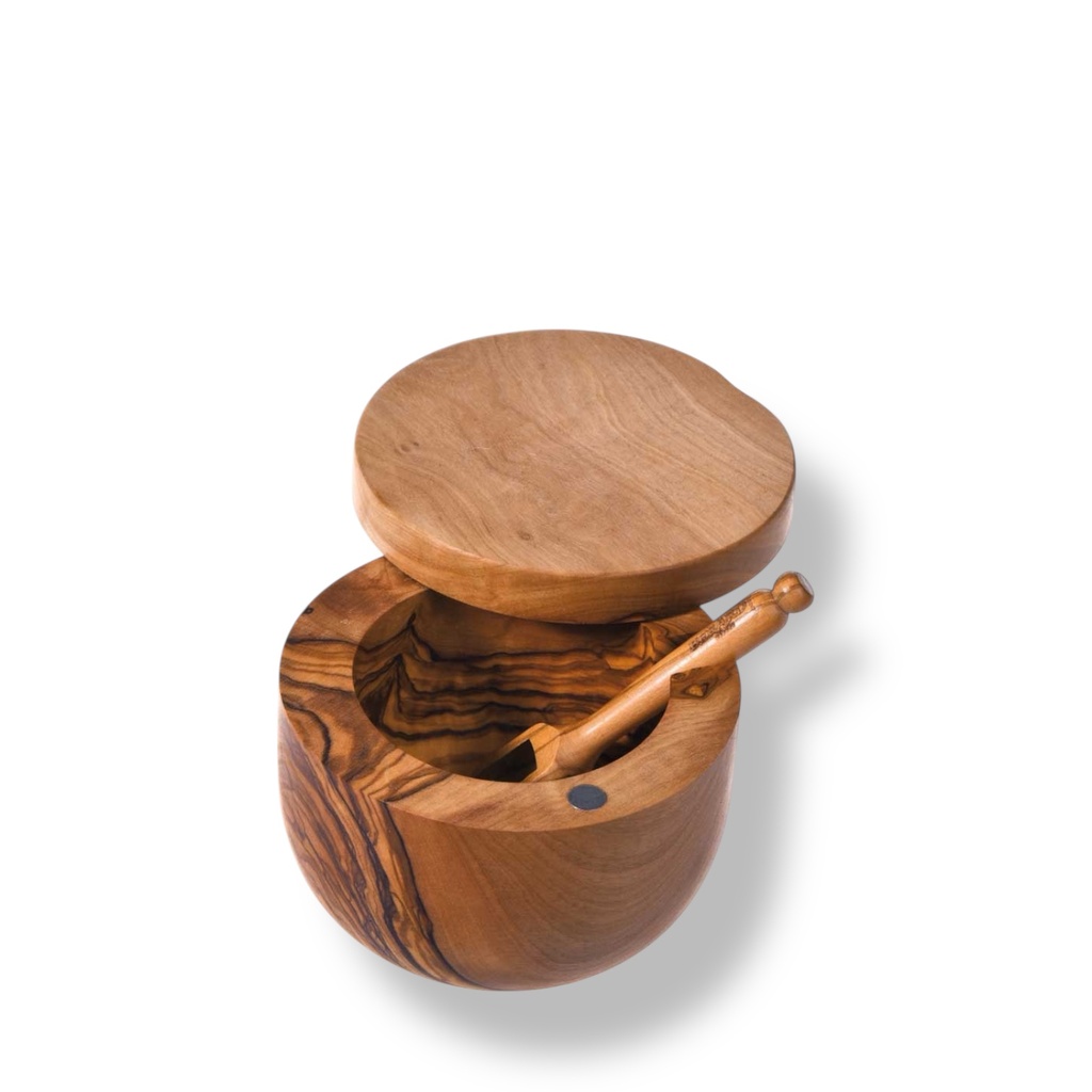 Boite à sel en bois d'olivier + pelle diam 10-11 cm