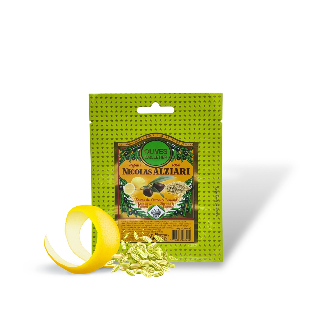 60g Tüte CAILLETIER Oliven mit Zitrone & Fenchel - Alziari